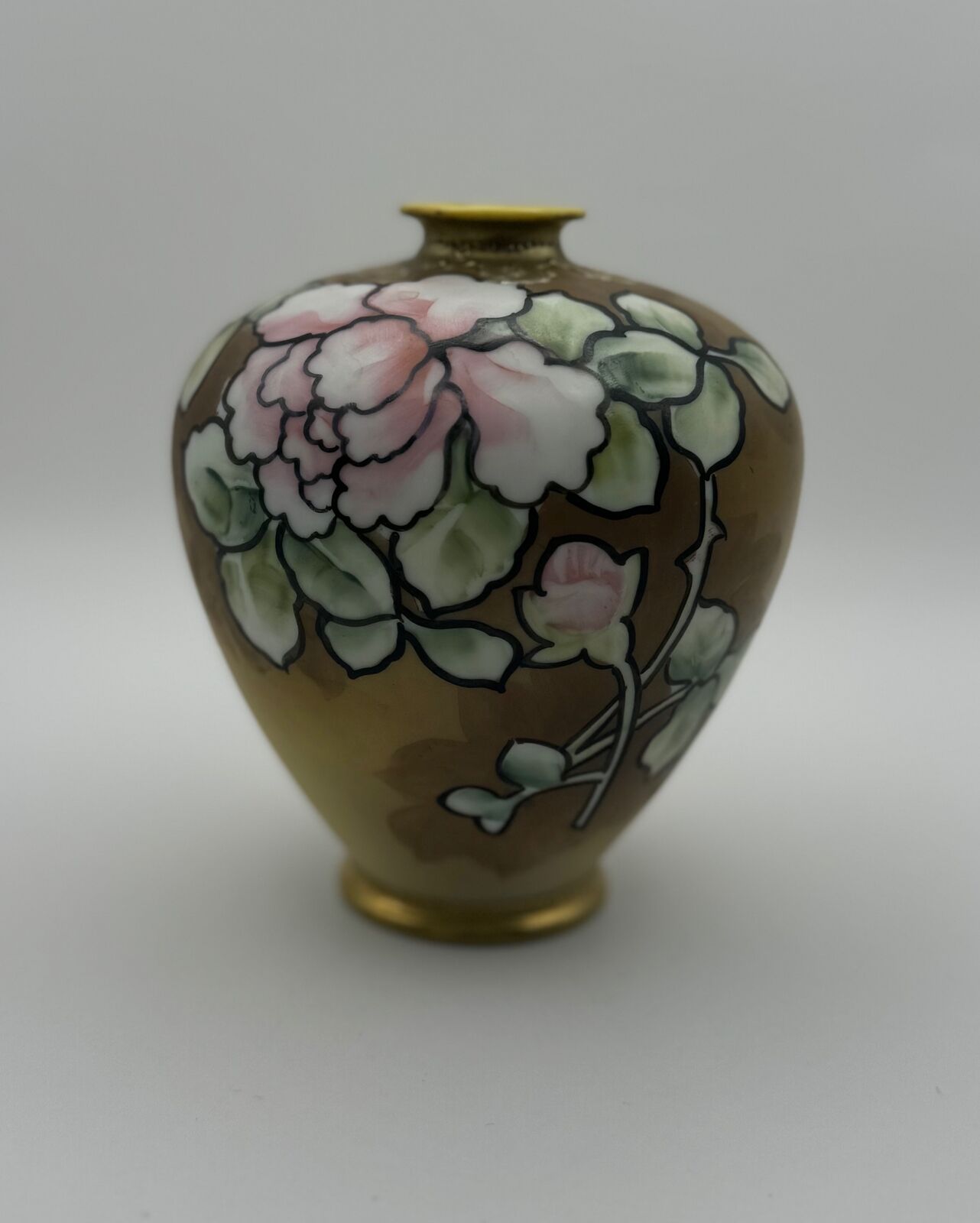 Antique Hand-Painted Nippon Porcelain Vase, Floral Design, Gold Ground, c. 1900s