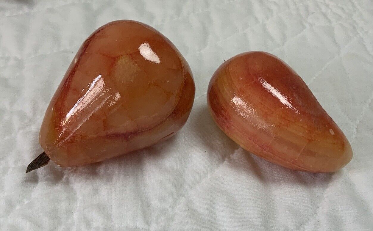 Two Vintage Italian Polished Alabaster Marble Fruit, Pear, Yellow & Orange