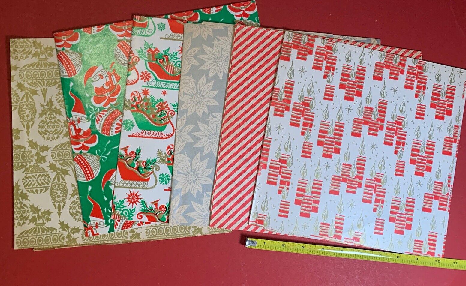6 Vintage 60s 70s Wrapping Paper Sheets Christmas Theme Santa Gold Silver