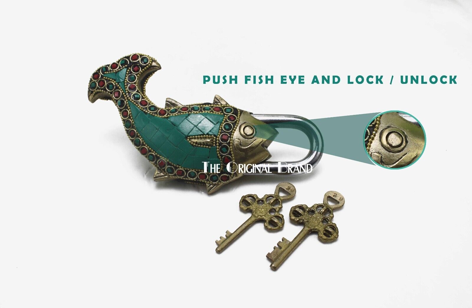 Lock Fish Brass Padlock Antique Lock Stone Work Vintage Indian Security 2 Key