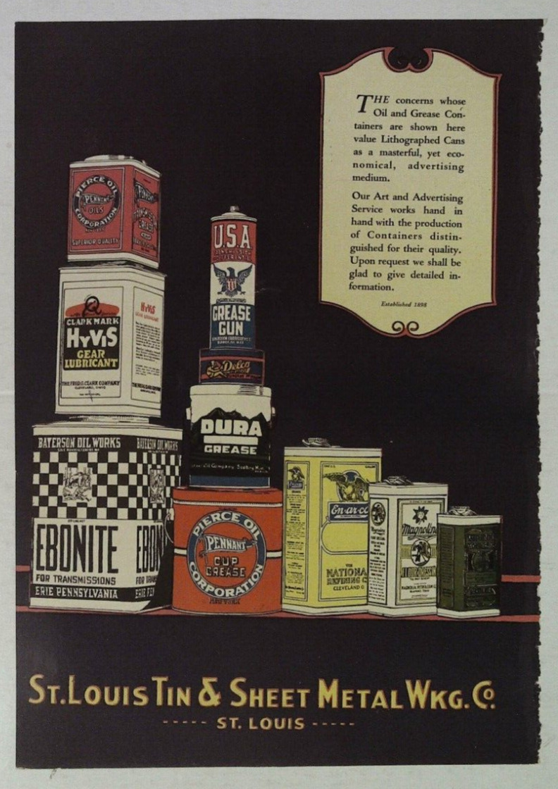 1920\'s ST. LOUIS TIN & SHEET METAL WKG. CO. OIL & GREASE CONTAINERS COLOR AD