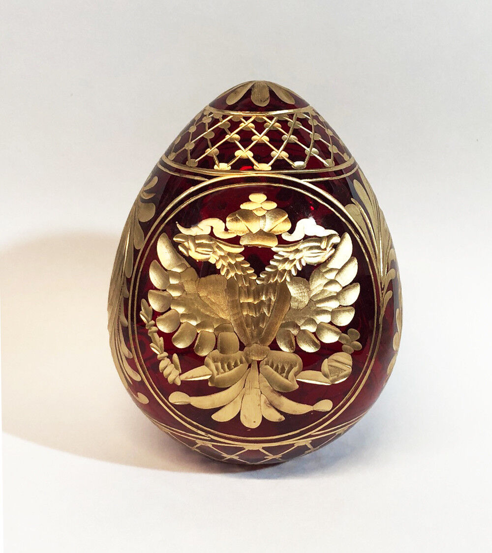 Collectible Genuine Russian Glass Egg AUTHENTIC Double Headed Eagle 4 Inch Red