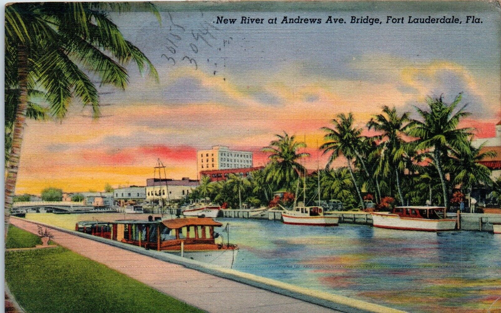 Florida Fort Lauderdale New River At Andrews Ave Bridge Linen Postcard - R26