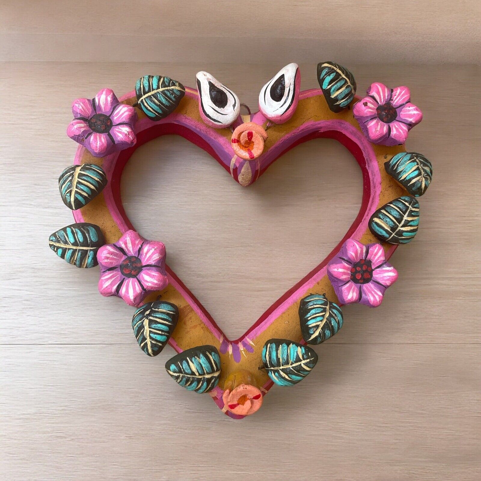 Heart with Flowers Tree of Life Style Handmade Clay Mexico 9 in wide