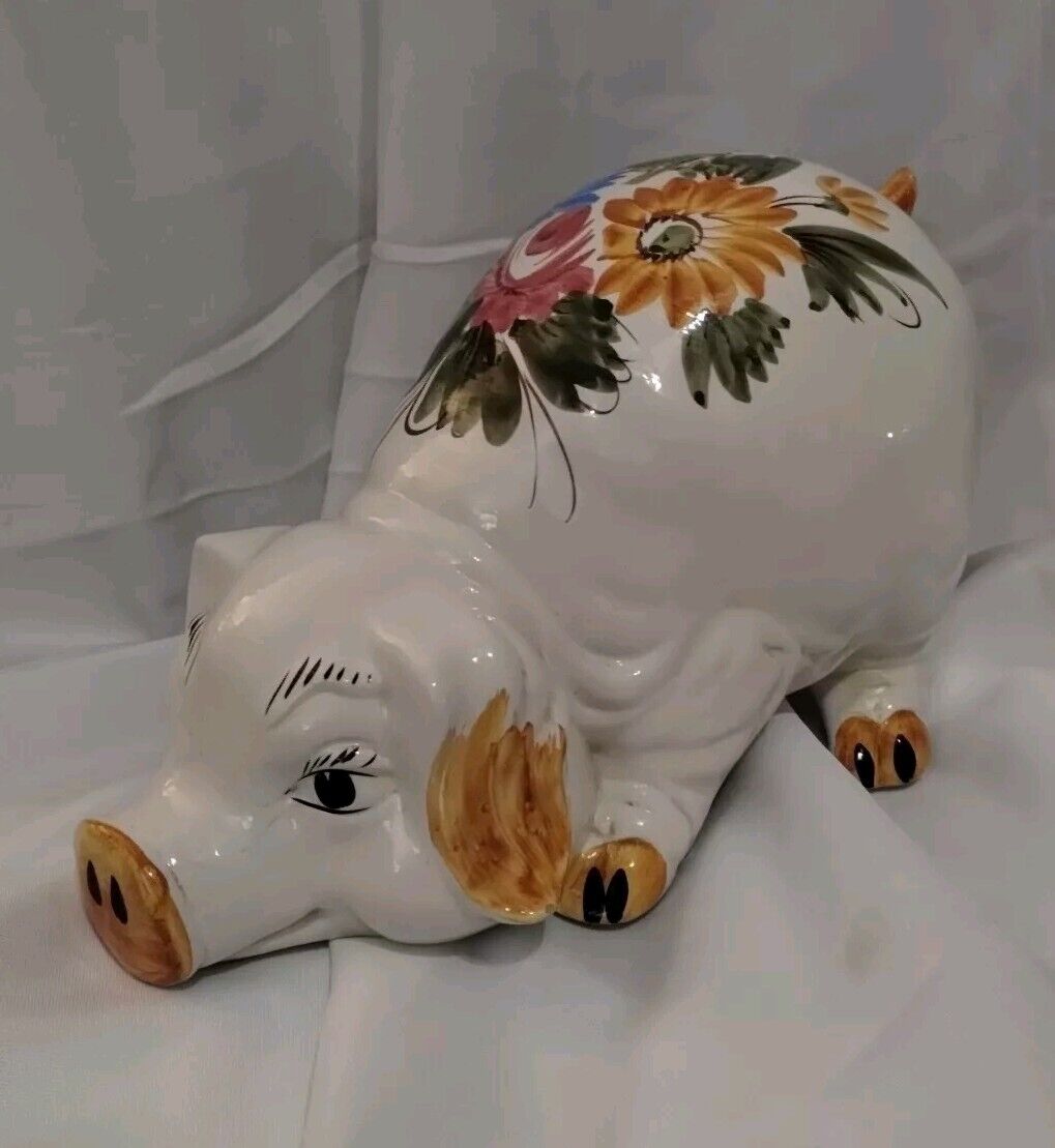 Extra Large Vintage Ceramic Piggy Bank Floral Print Hand-painted Made In Italy
