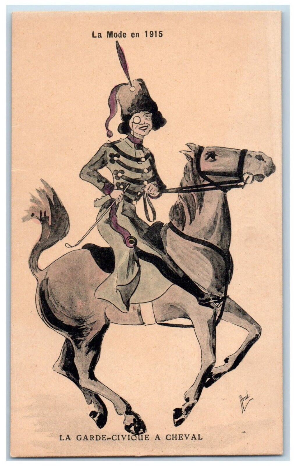 c1910's France Military 1915 Fashion Civil Guard Horseback Antique Postcard