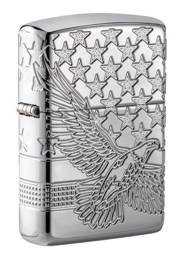 Zippo 49027 Armor Lighter With Eagle & Flag Design, 4 Sides Engraved, New In Box