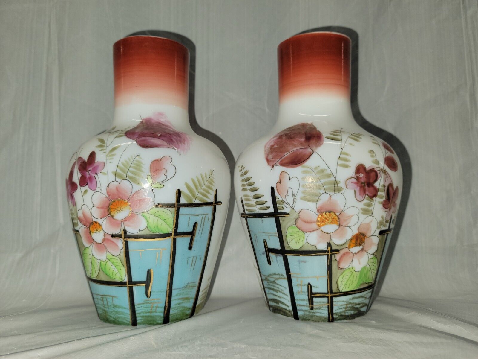 antique glass hand painted vase Pair European Asian Motif floral #4460