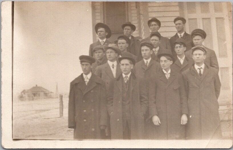 1910s RPPC Real Photo Postcard Group of Young Men in Hats & Overcoats / Unused