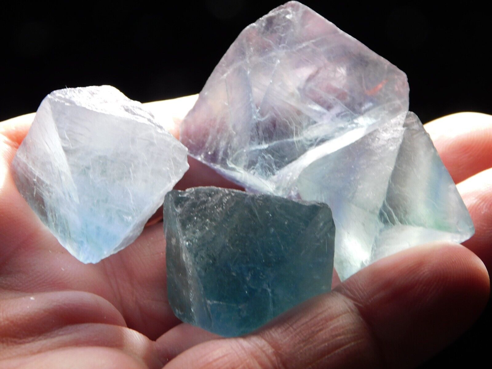 Lot of FOUR 100% Natural TEAL FLUORITE Octahedron Crystals 104gr