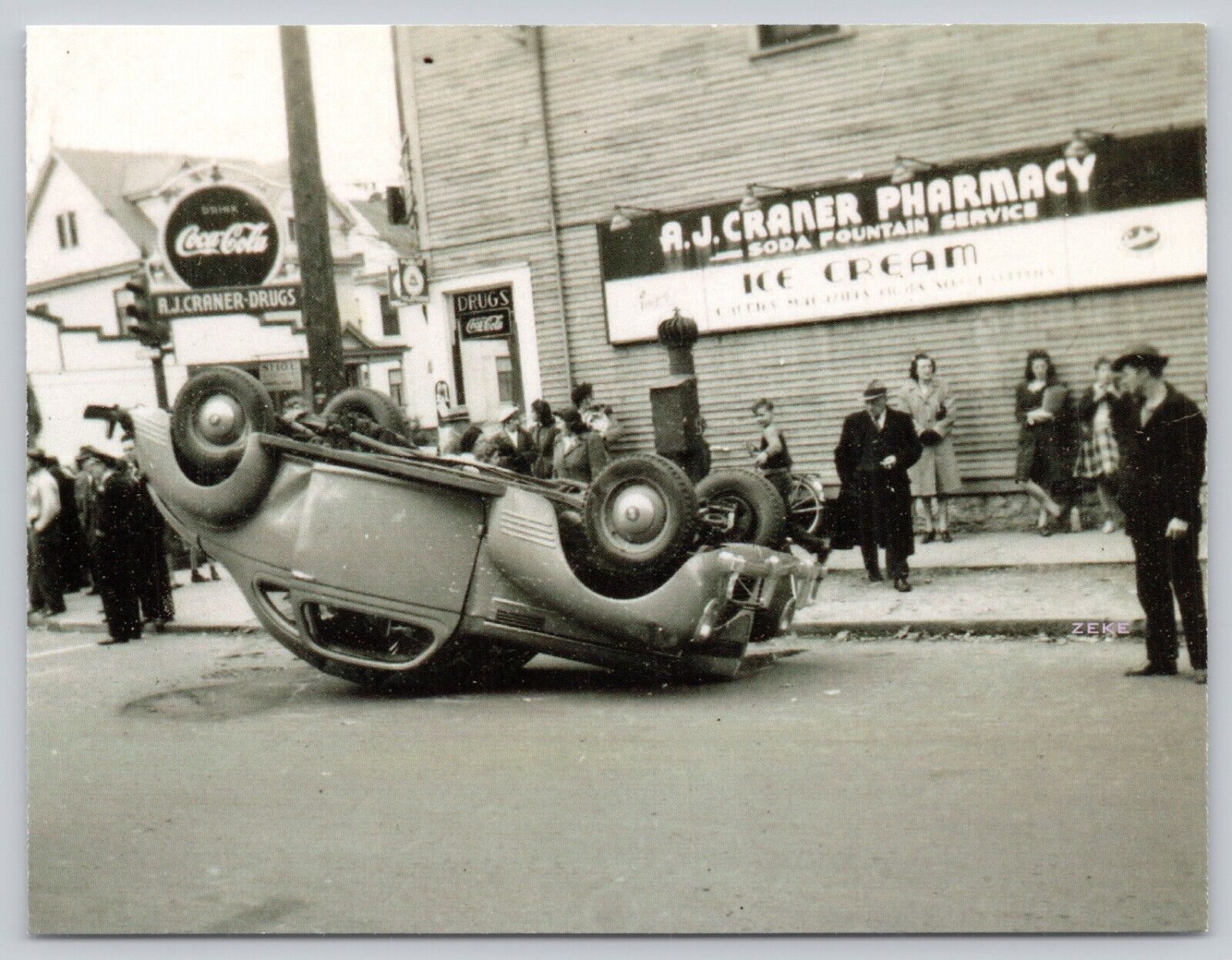 Postcard Syracuse New York Auto Accident in Front of AJ Craner Pharmacy
