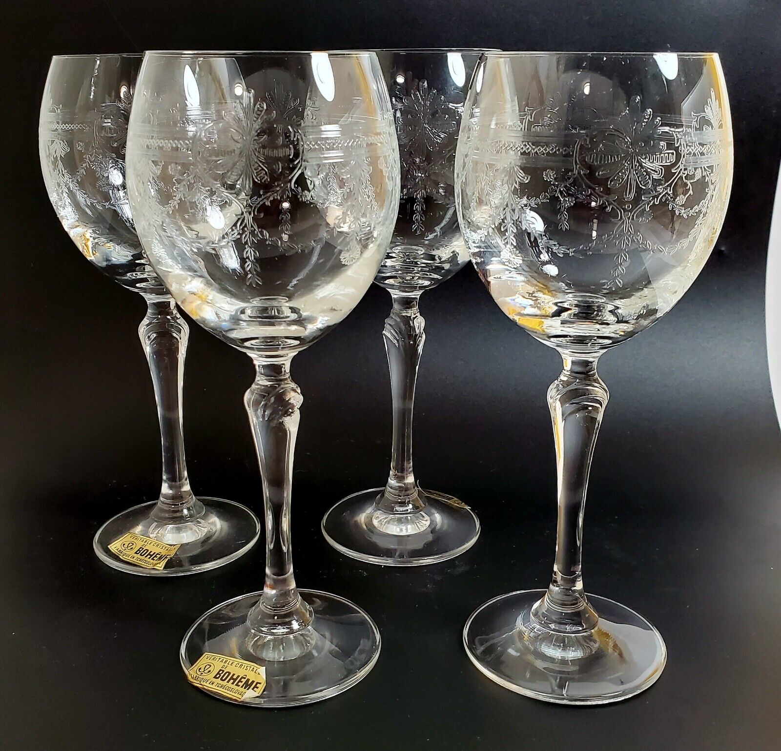 4 Boheme / Bohemia Crystal Wine Glasses, swag Design Tczechoslovaquie