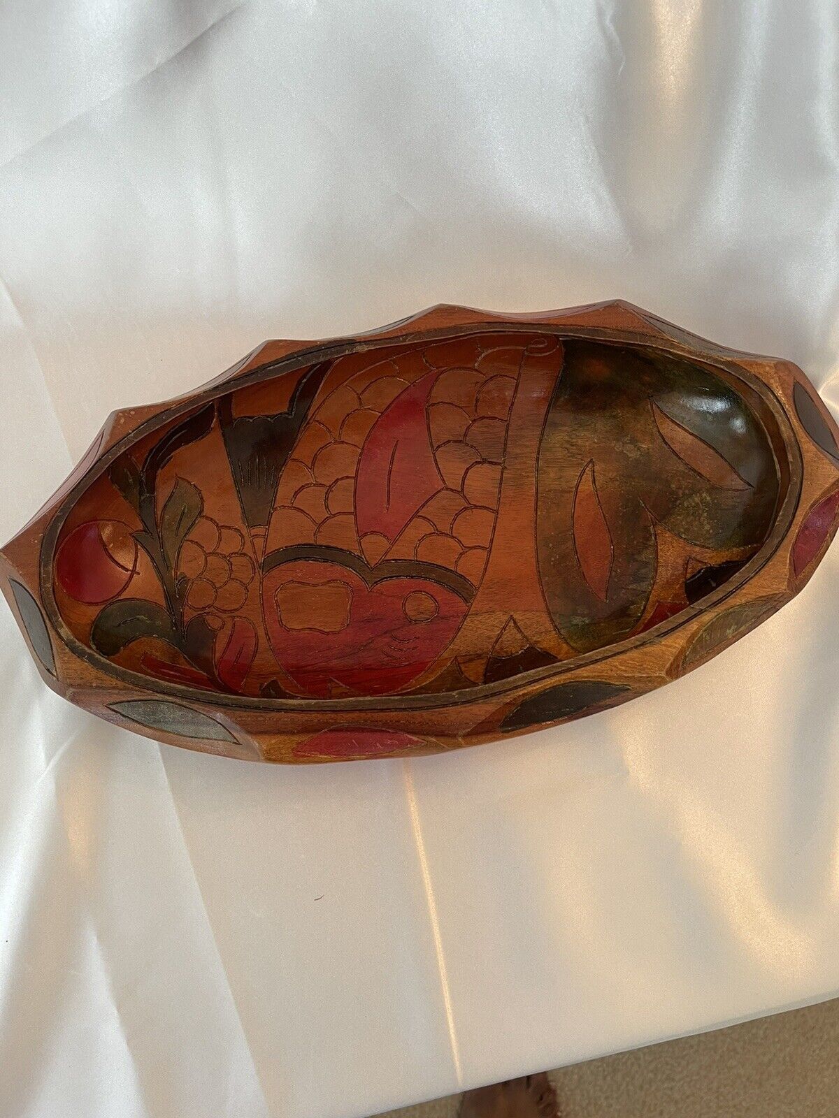 Vintage Wooden Hand Carved Hand Painted Fish And  Floral Design Platter
