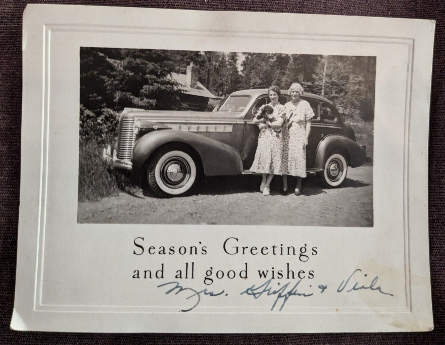 1930\'s Family Christmas Card with Buick Automobile - Auto - Car