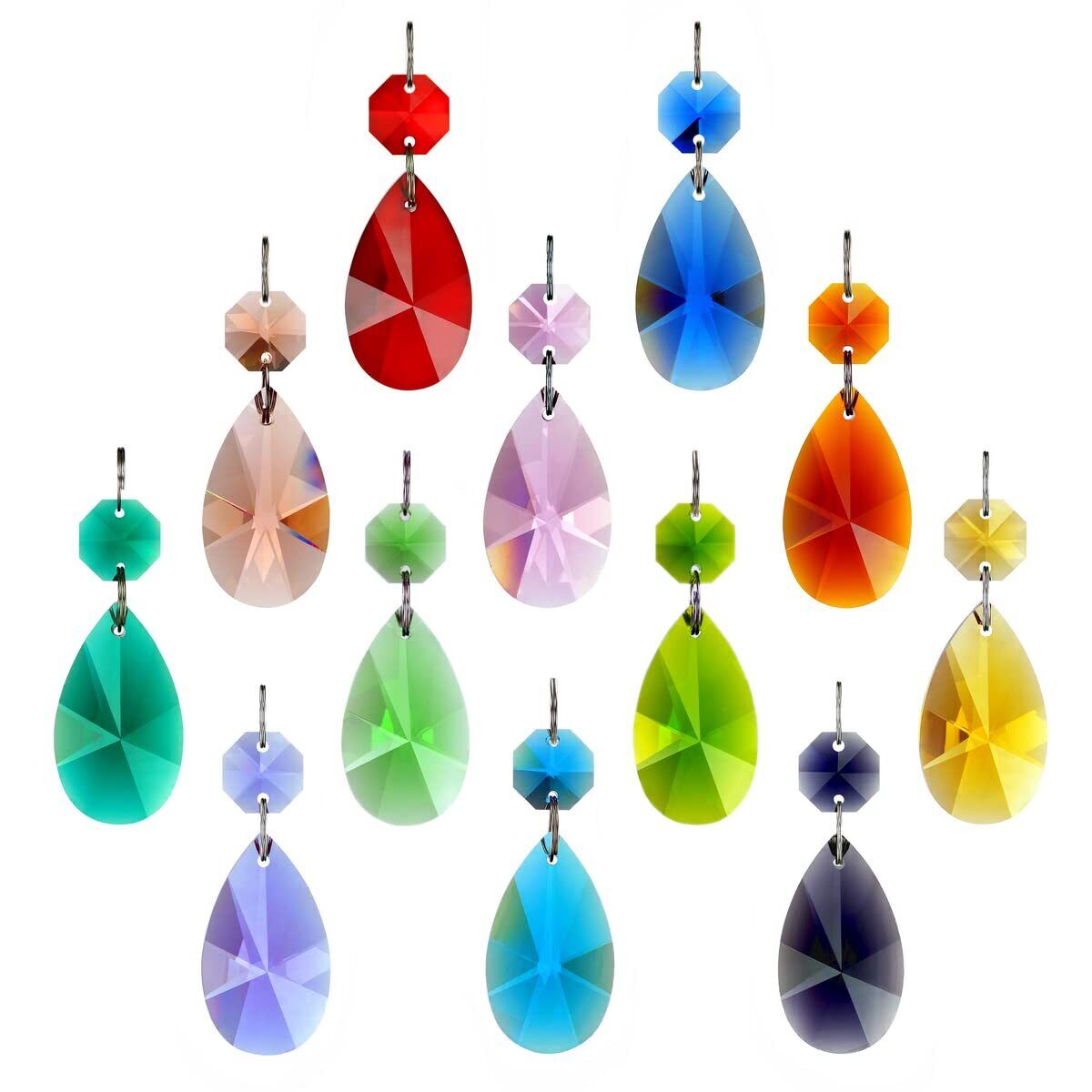 12pcs 38mm Teardrop Crystal Chandelier Prisms Parts with Glass Octagon Beads