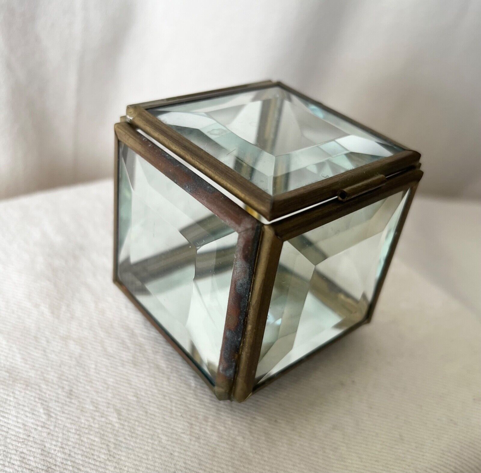 Vintage Art Deco Brass and Glass Cubed Jewelry Box