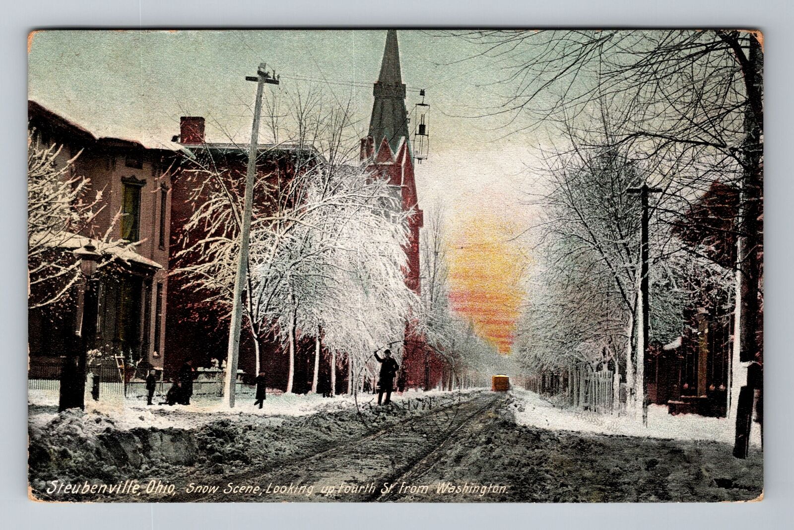 Steubenville OH-Ohio, Snow Scene up Fourth Street, Antique Vintage Postcard