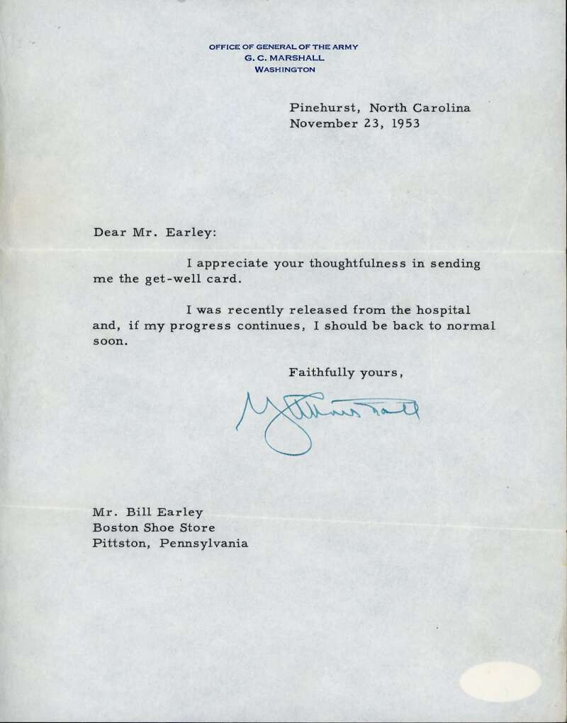 General George C Marshall JSA Signed 1953 Letter Autograph
