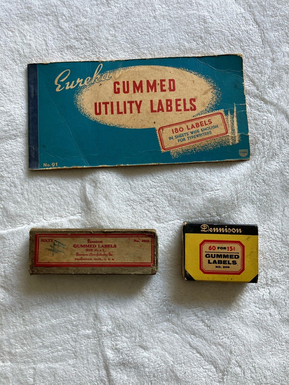 Lot of 3 Vintage Gummed Labels Dennison & Eureka in Original Packaging