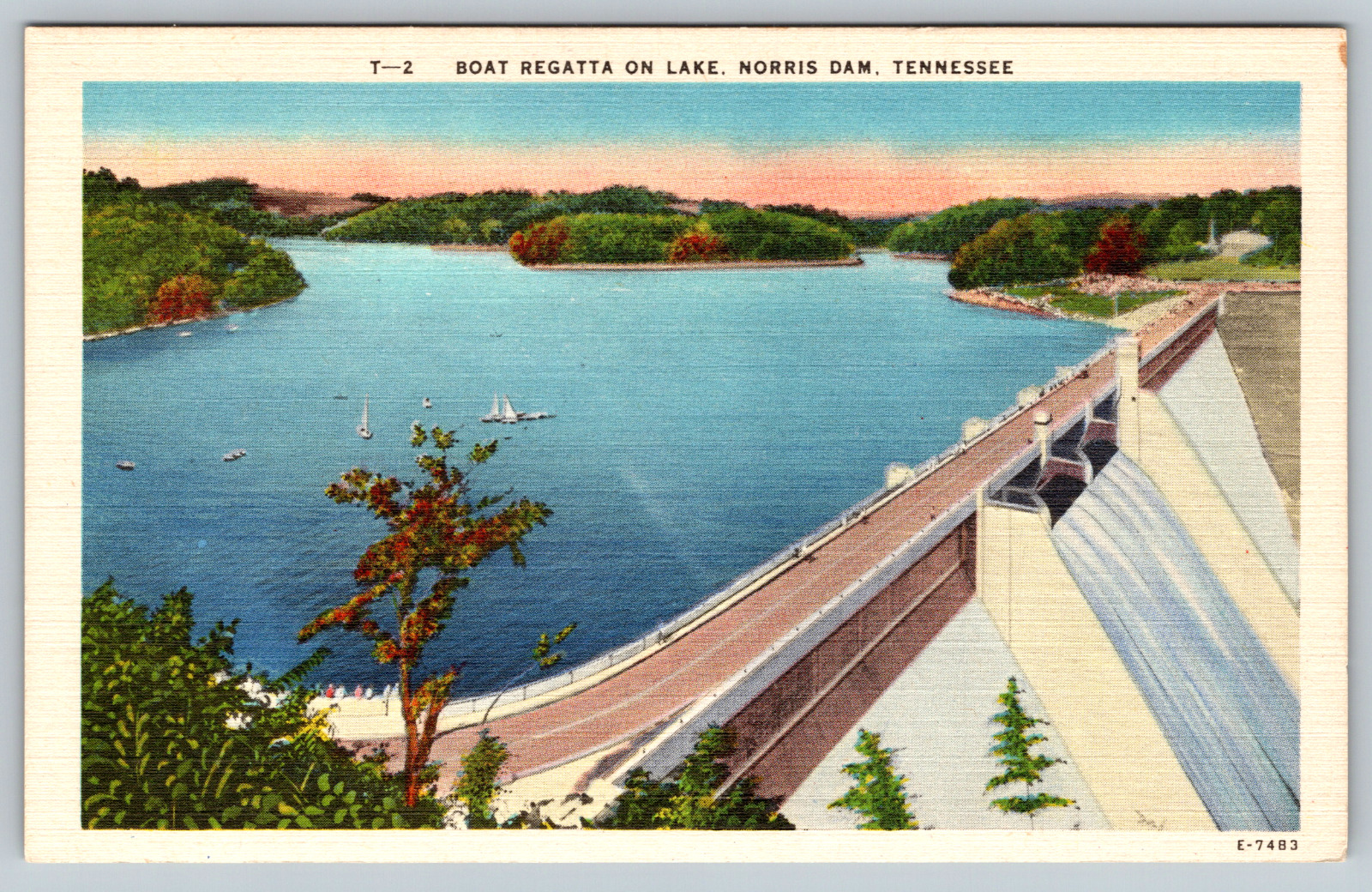 c1940s BOAT REGATTA ON LAKE. NORRIS DAM, TENNESSEE Vintage Postcard
