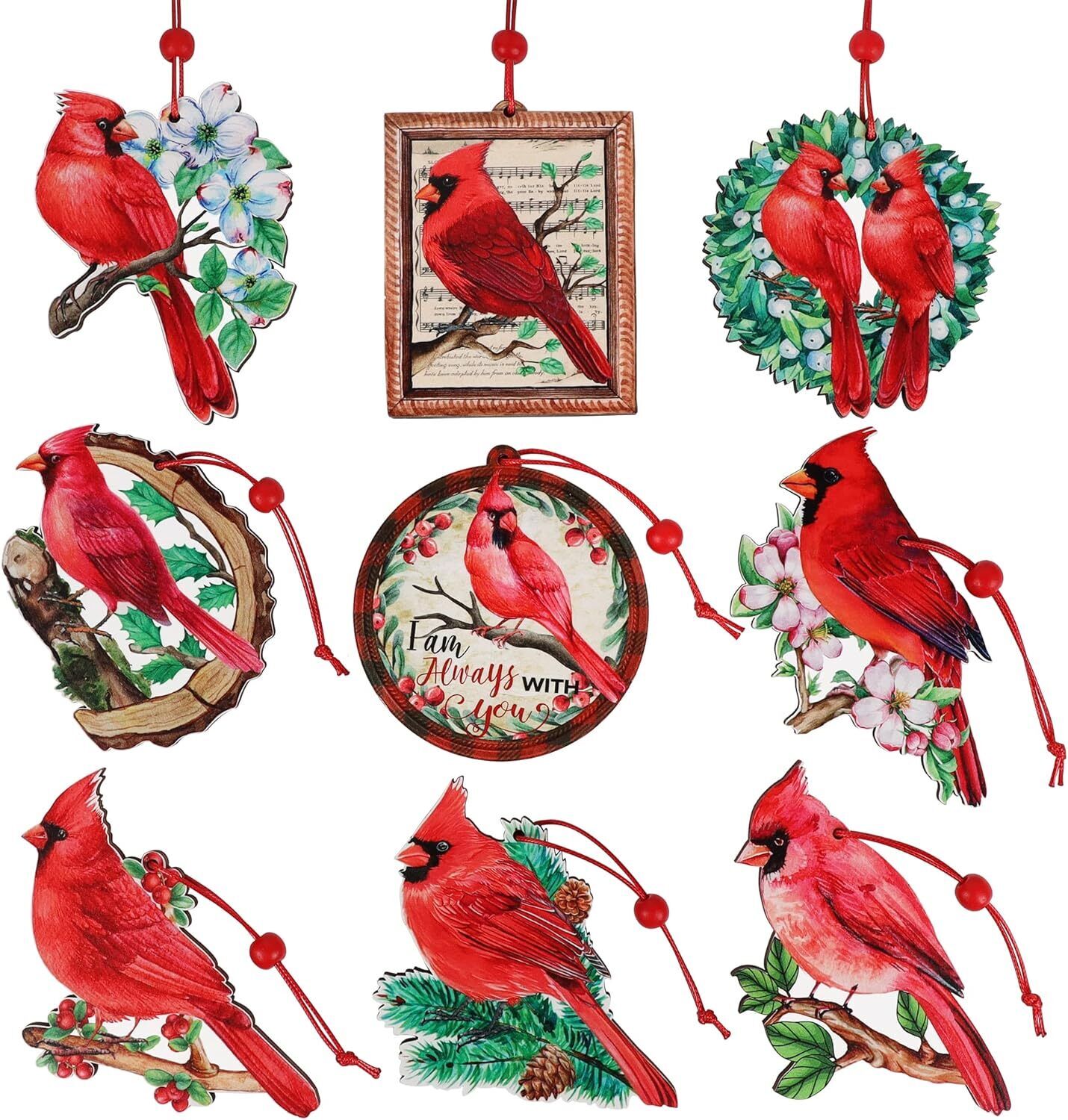 9Pieces Red Cardinal Christmas Ornaments Wooden Cardinals Birds For Christmas Tr
