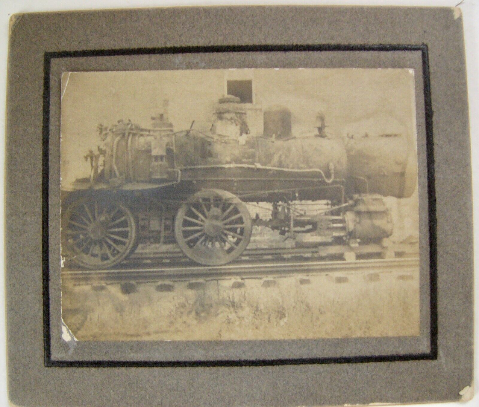 Photograph EARLY Steam Engine on Railroad Track, Mounted on Cardboard