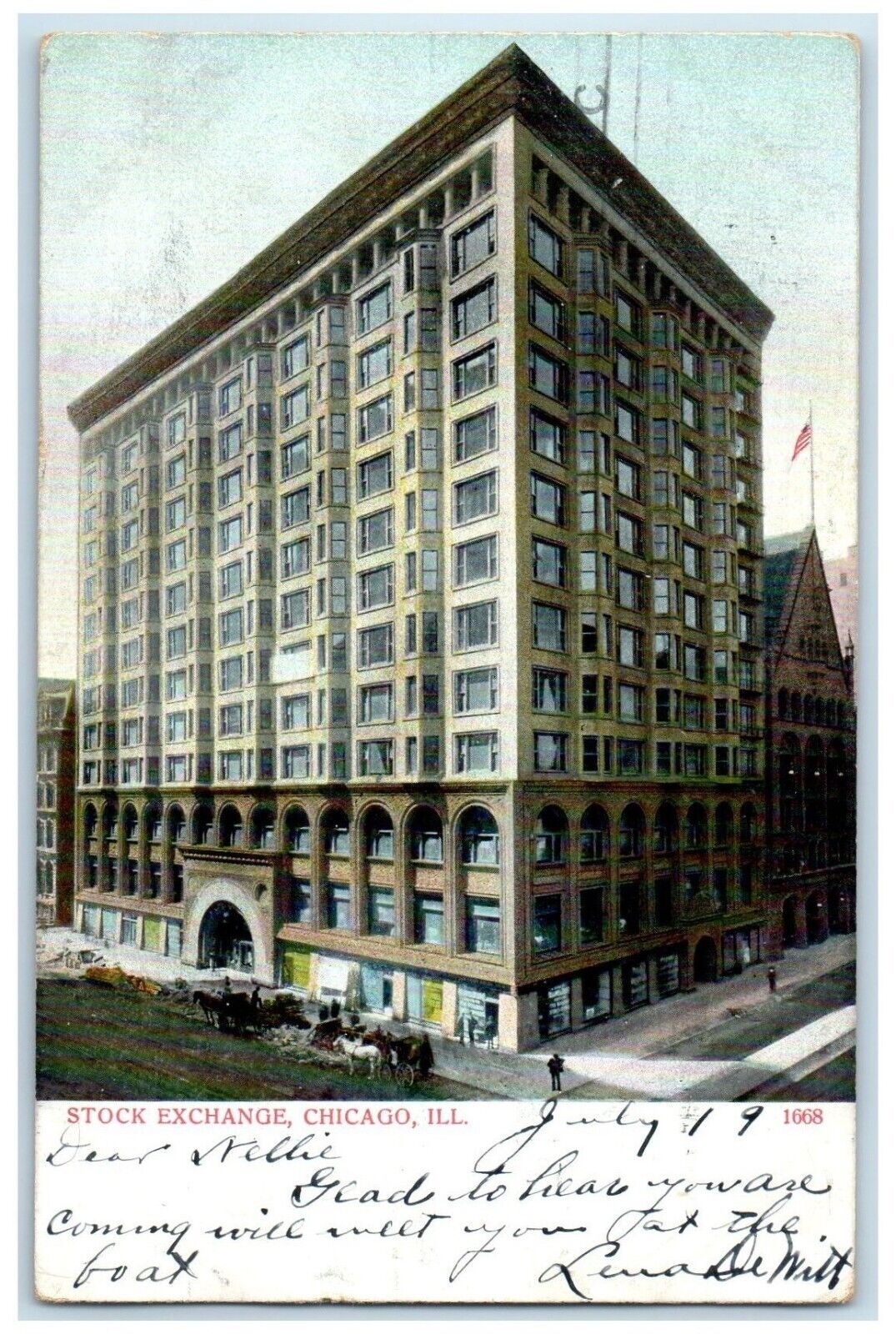 1908 Exterior View Stock Exchange Building Carriage Chicago Illinois IL Postcard