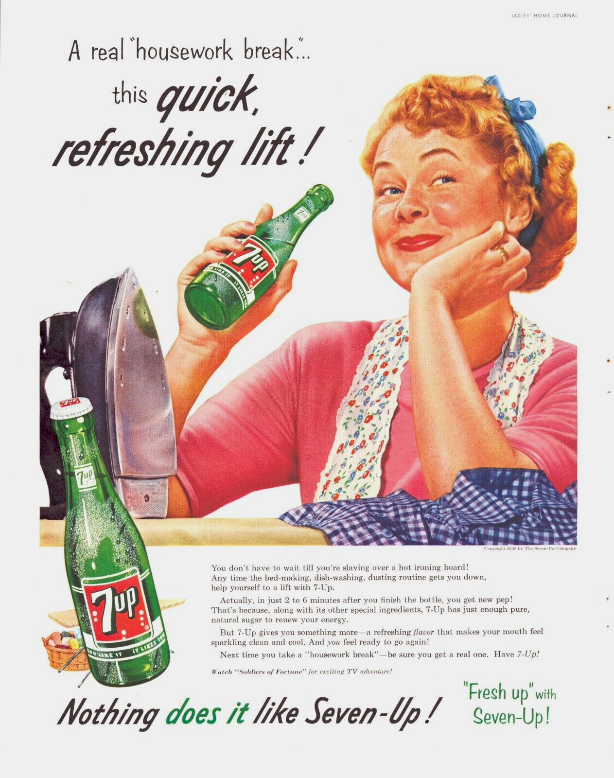 Vintage 7 UP Soft Drink 1956 Print Ad Housework Break Ironing Green Glass Bottle