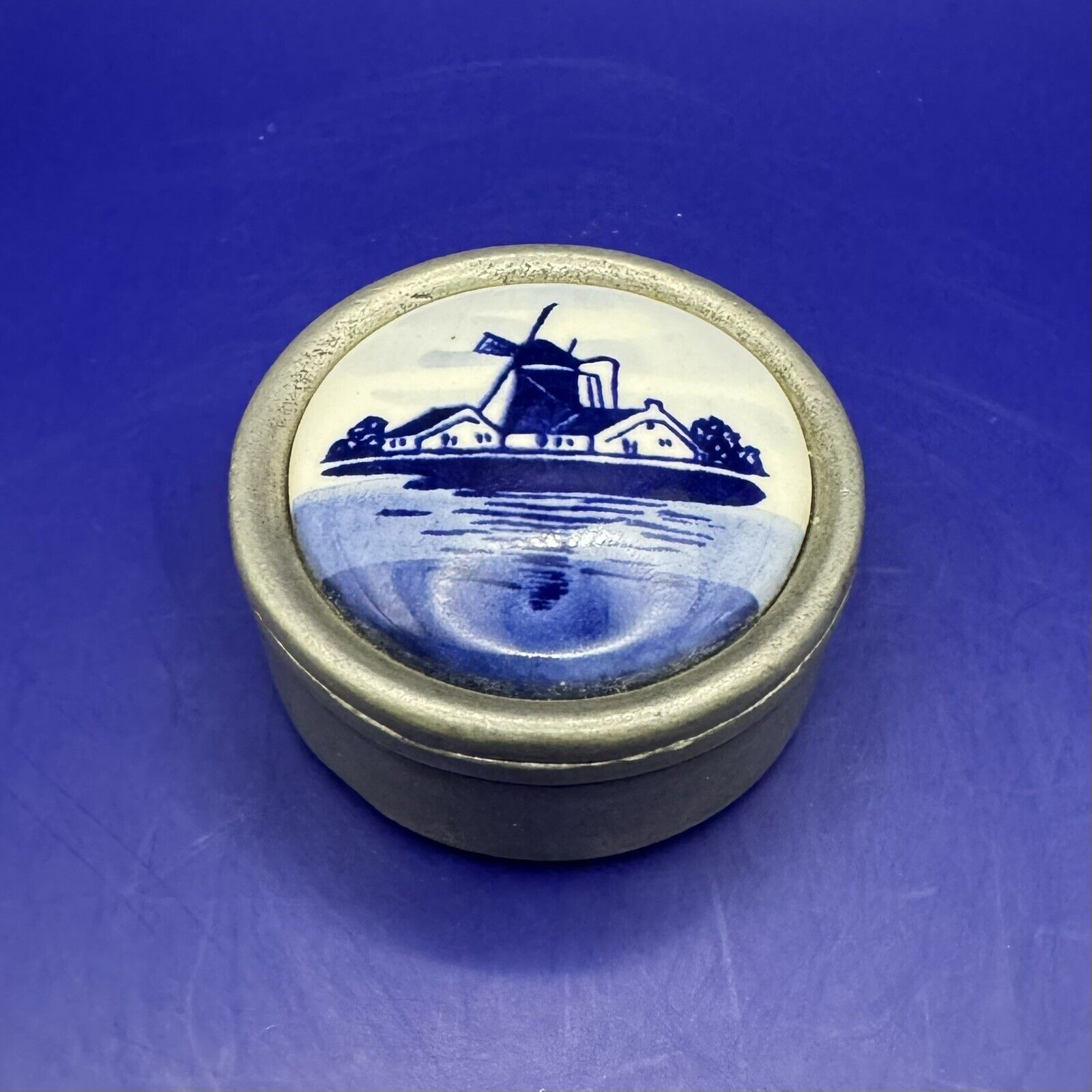 Vintage Delft Trinket Box Pill Box Pewter & Ceramic Windmill Scene Marked