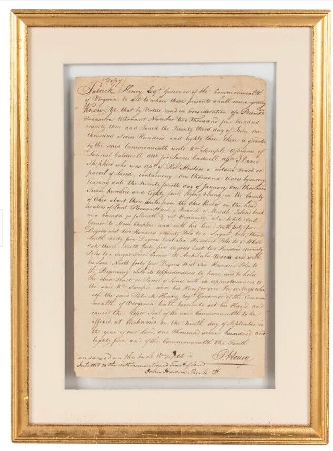 Patrick Henry Signed Autograph Framed Document - 8 x 13 - Beckett BAS LOA