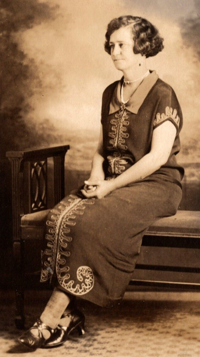 c1925 RPPC Woman Sits Full Dress \'Sister Addie\' VINTAGE Postcard AZO 1918-1930