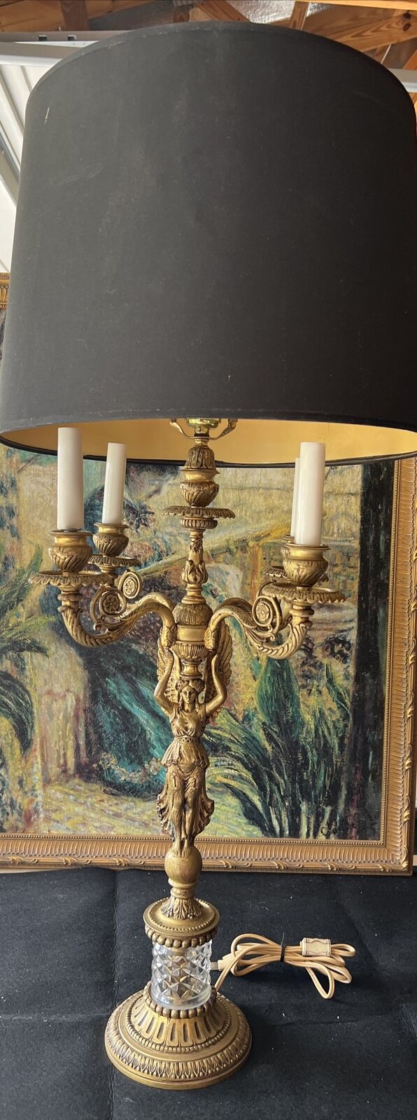 RARE FRENCH EMPIRE CANDELABRA LAMP Brass  Gorgeous 34” Figural Stunning No Shade
