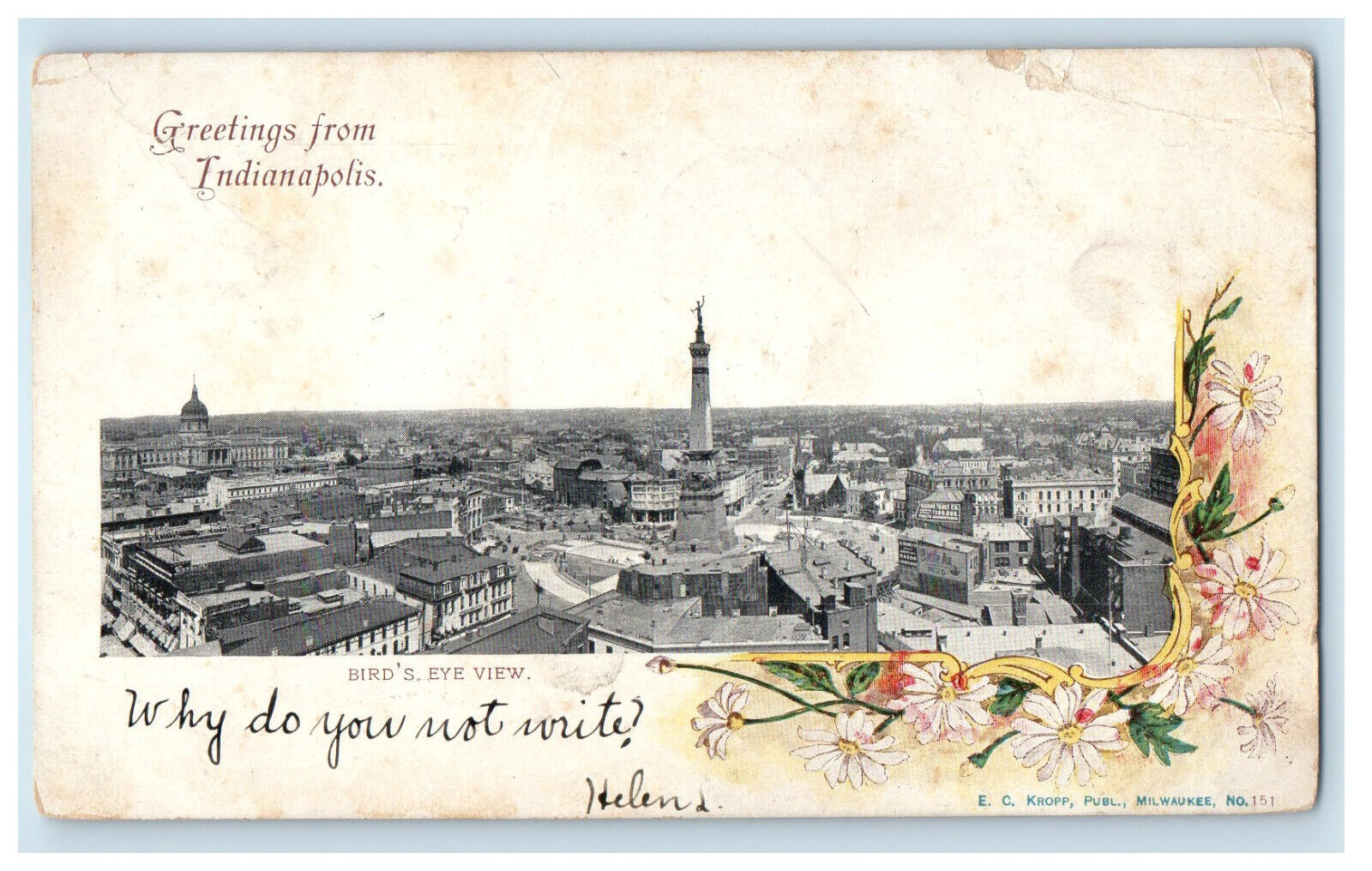 1907 Bird\'s Eye View, Greetings from Indianapolis IN Caldwell OH PMC Postcard
