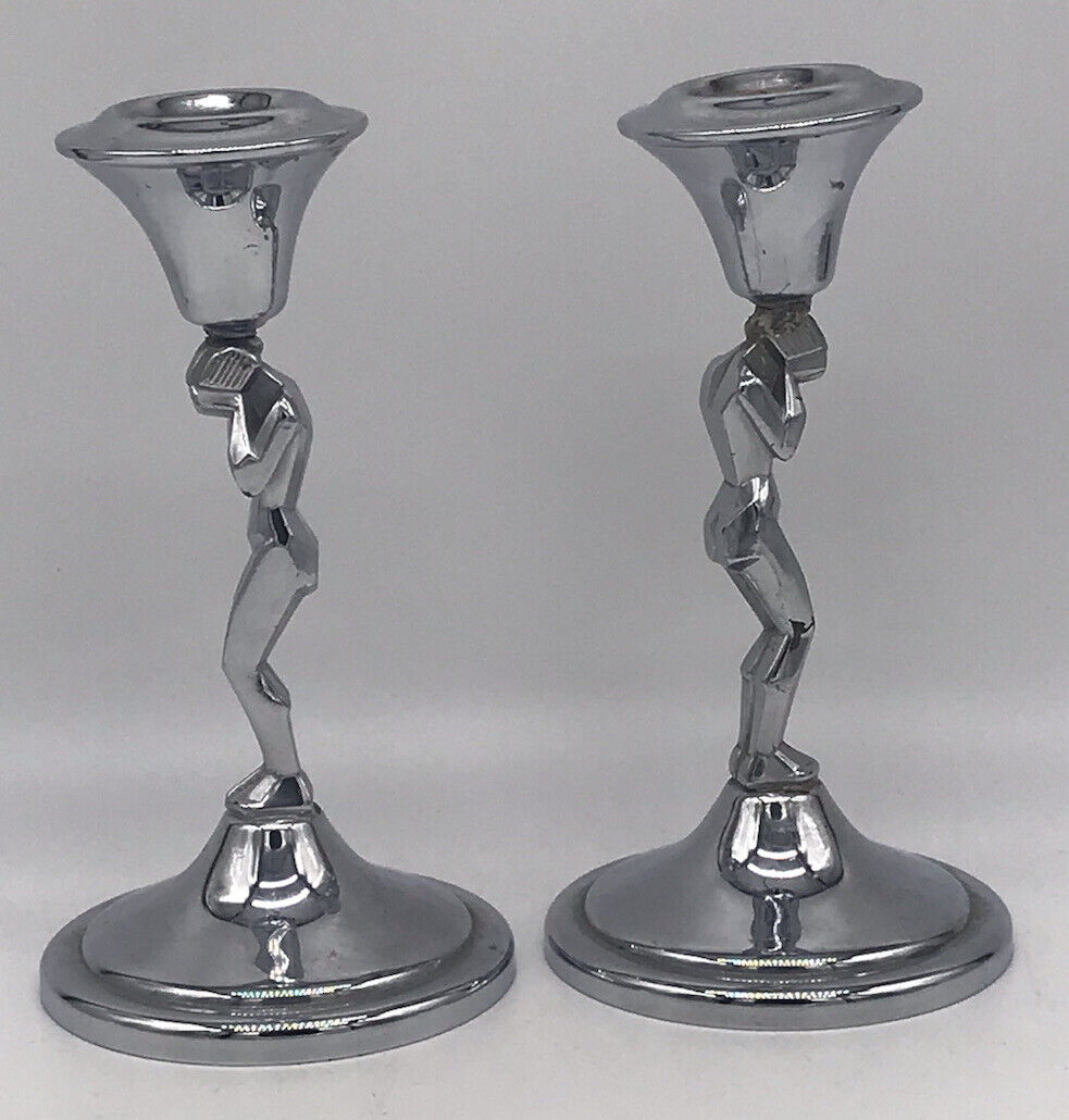 Art Deco Chrome Farber Brothers Weeping Woman Candlesticks-Pair