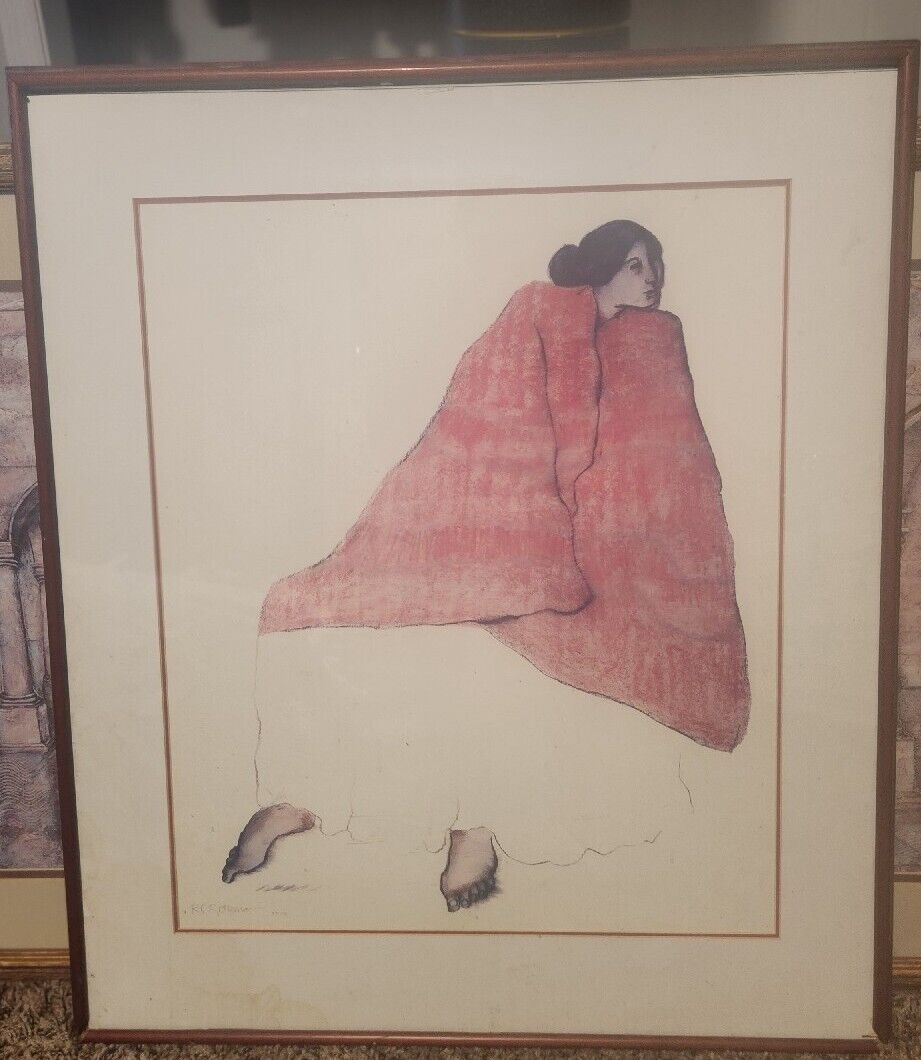 Red Blanket , Native American Woman Print by RC Gorman 1979 Framed