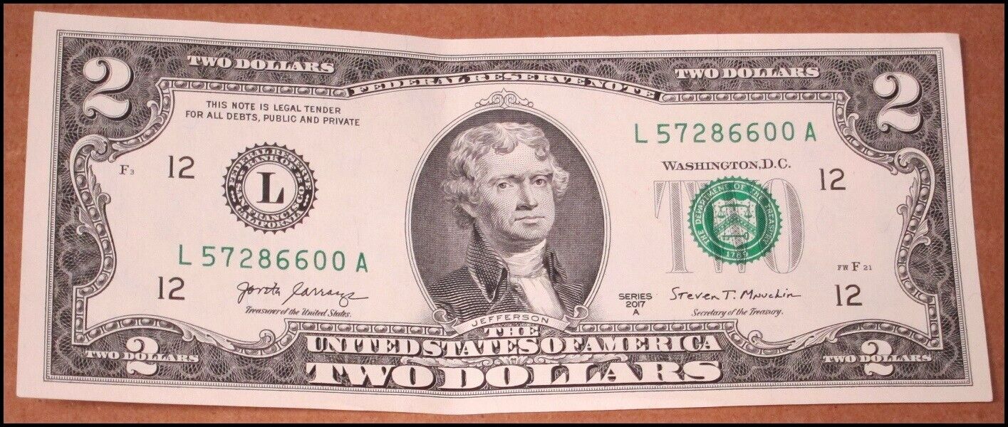2017 Two Dollar Bill Series A US Currency 2017A Thomas Jefferson 2 L $2