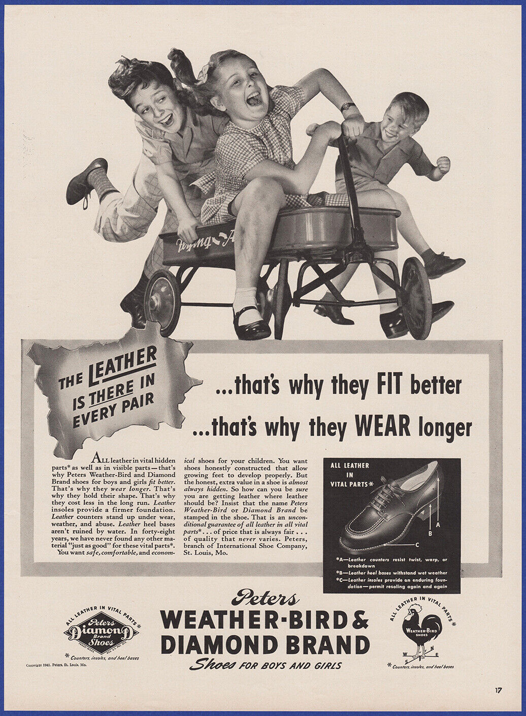 Vintage 1941 PETER\'S WEATHER-BIRD & DIAMOND BRAND Children\'s Shoes 40\'s Print Ad