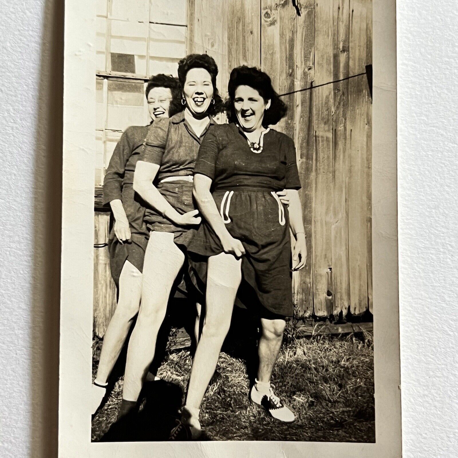 Vintage Sepia Snapshot Photograph Beautiful Women Showing Lots Of Leg Laughing