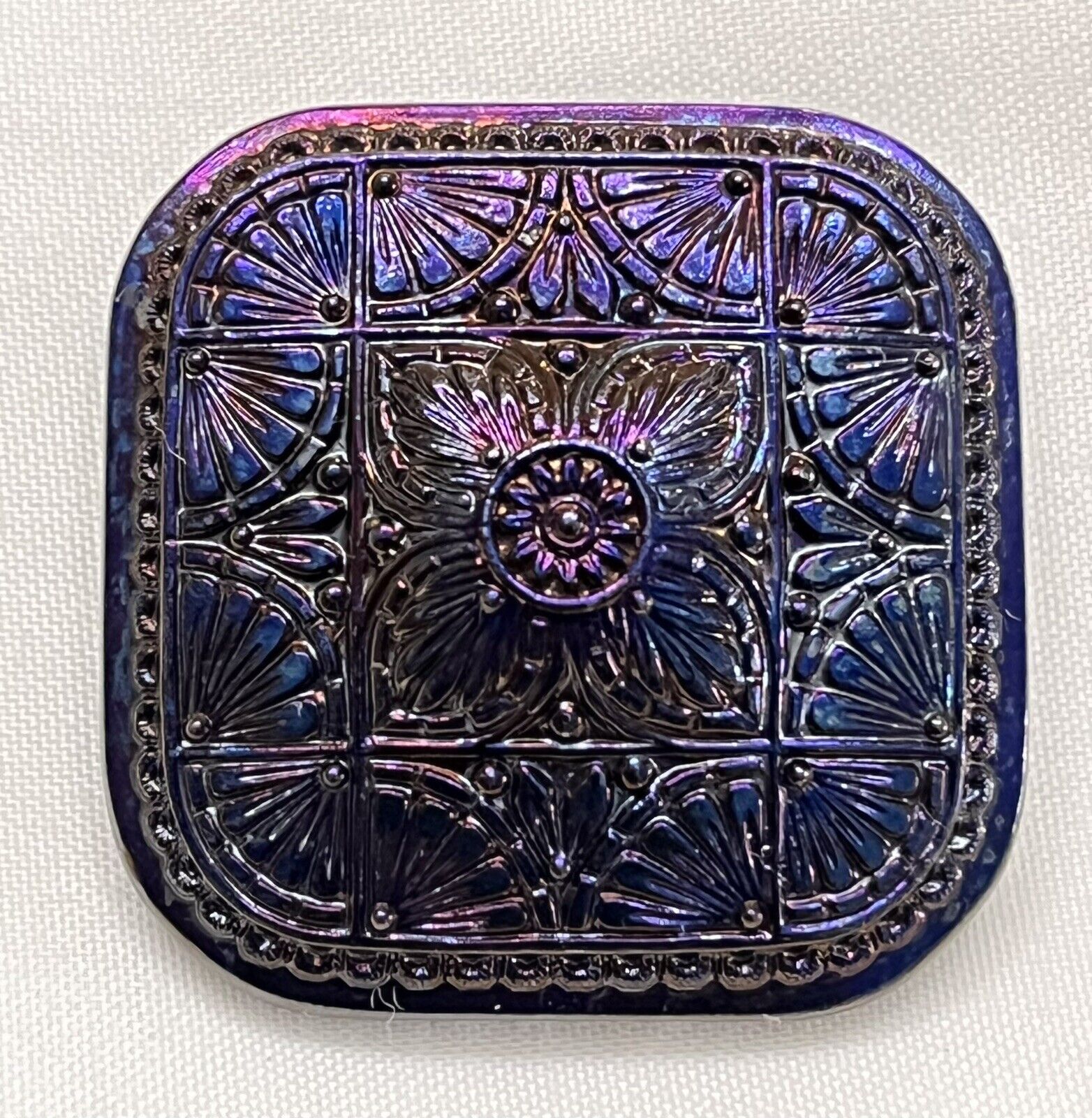 Vintage Czech Glass Patterned Button w/Blue & Purple Carnival Luster (CZ)
