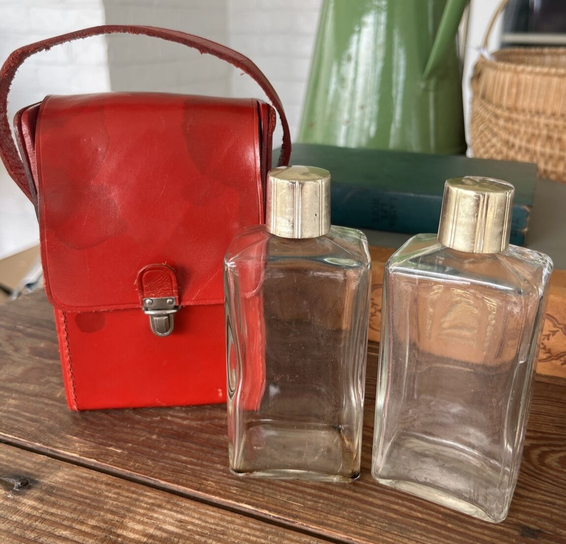 Vintage Red Leather Travel Case 3 pc Glass Liquor Flask Set Real Hide~ England
