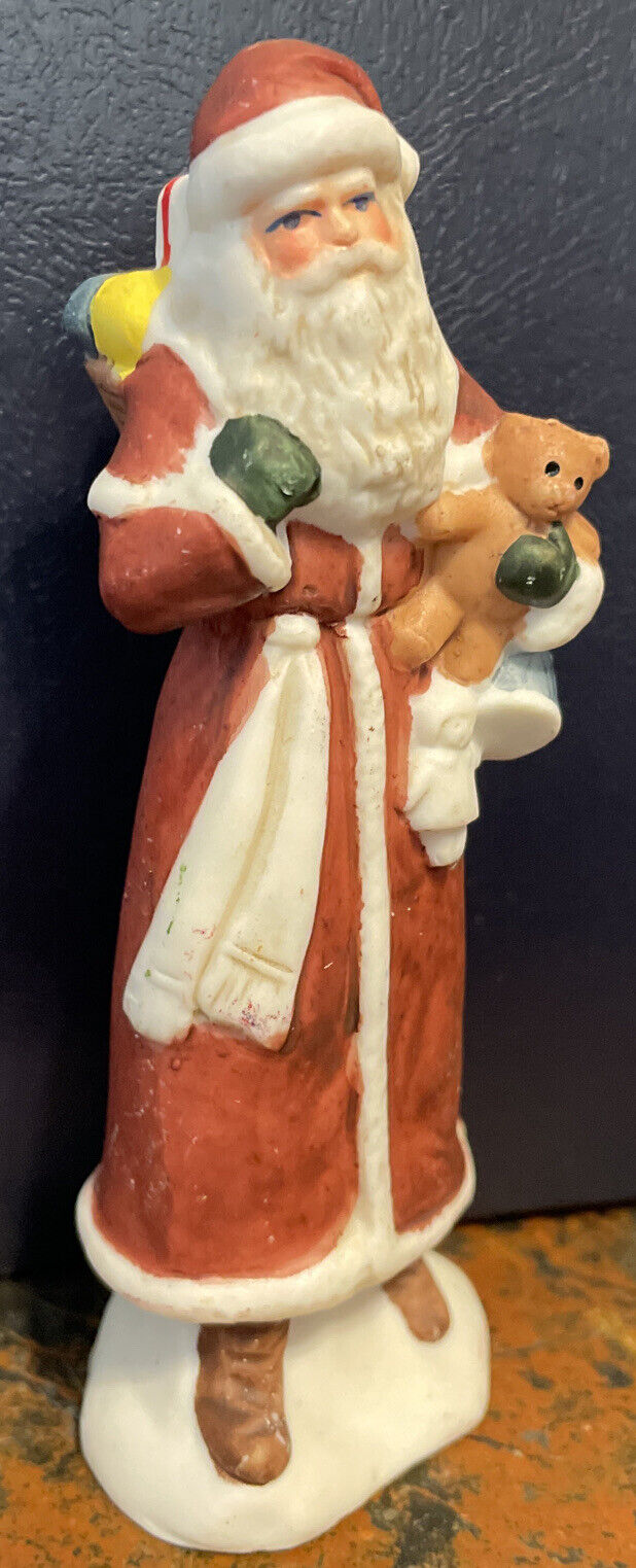 Vintage RUSS Porcelain Santa W/ Teddy Bear & Toy Sack Figure 4”