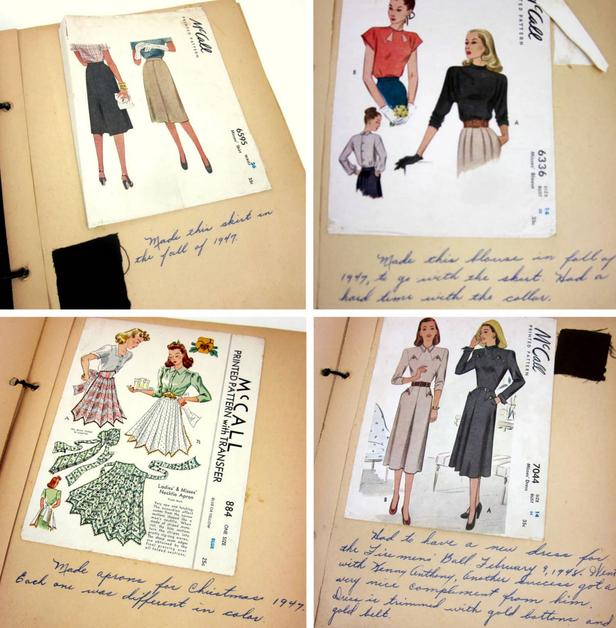 Vtg 40s McCall s patterns in scrapbook lot 5 dress skirt apron blouse 1947 48