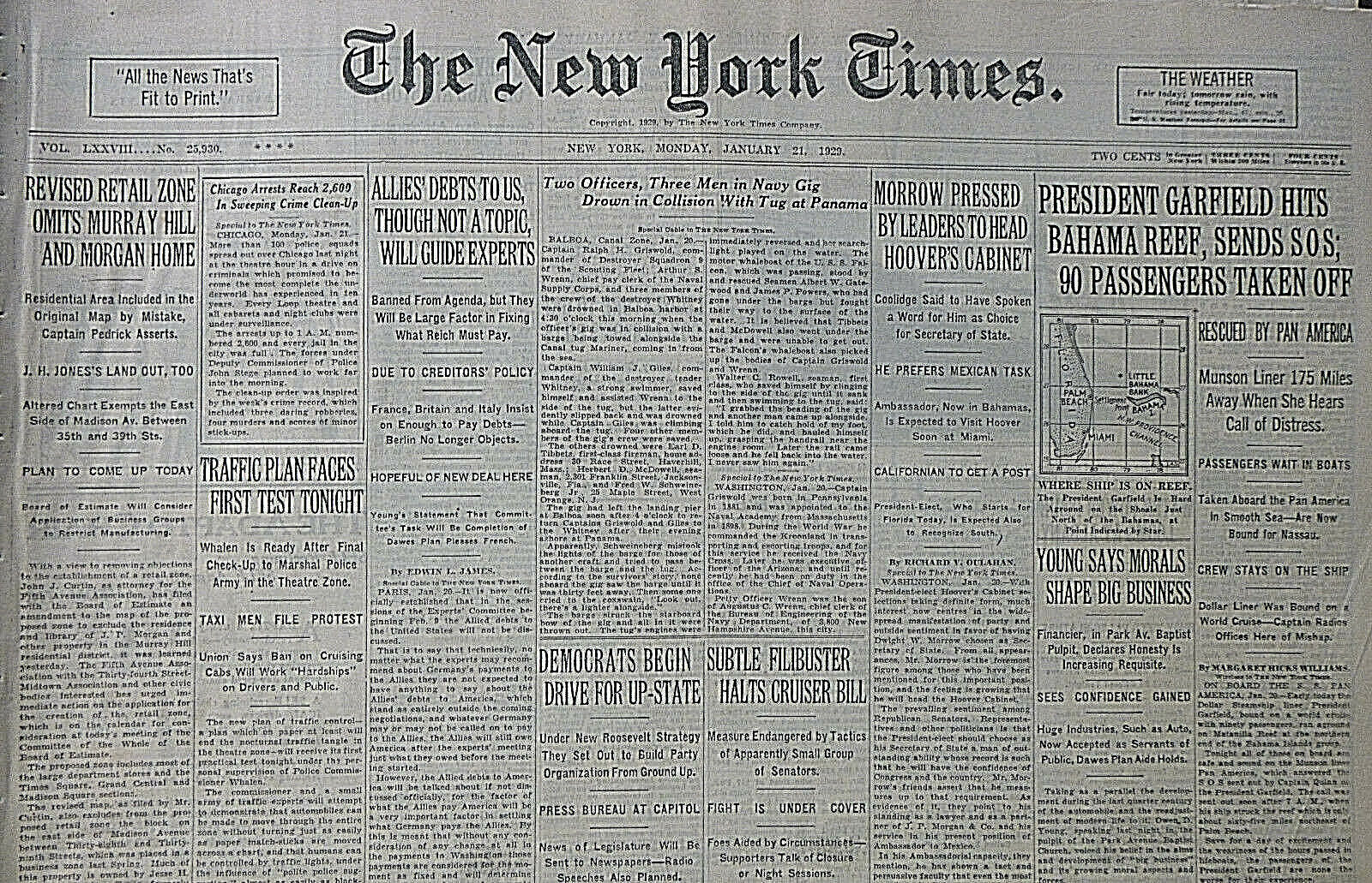 1-1929 January 21 GARFIELD HITS BAHAMA REEF 90 PASSENGERS OFF MORROW NY Times 