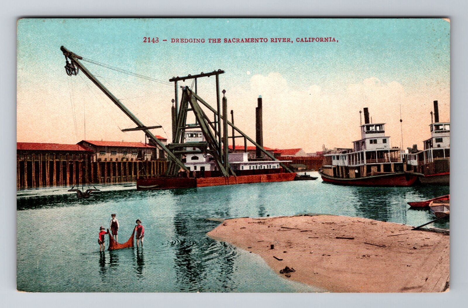 Sacramento CA-California, Dredging Sacramento River, Vintage Souvenir Postcard