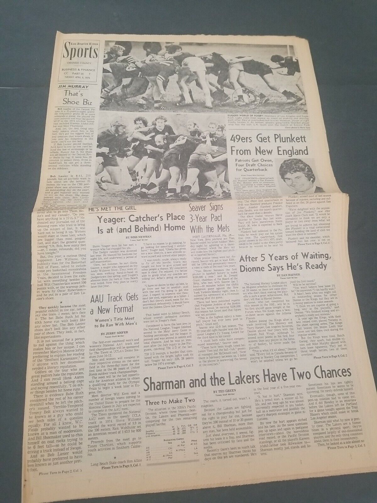 APRIL 6TH 1976 LOS ANGELES TIMES SPORTS SECTION 49ERS GET JIM PLUNKETT FROM PATS