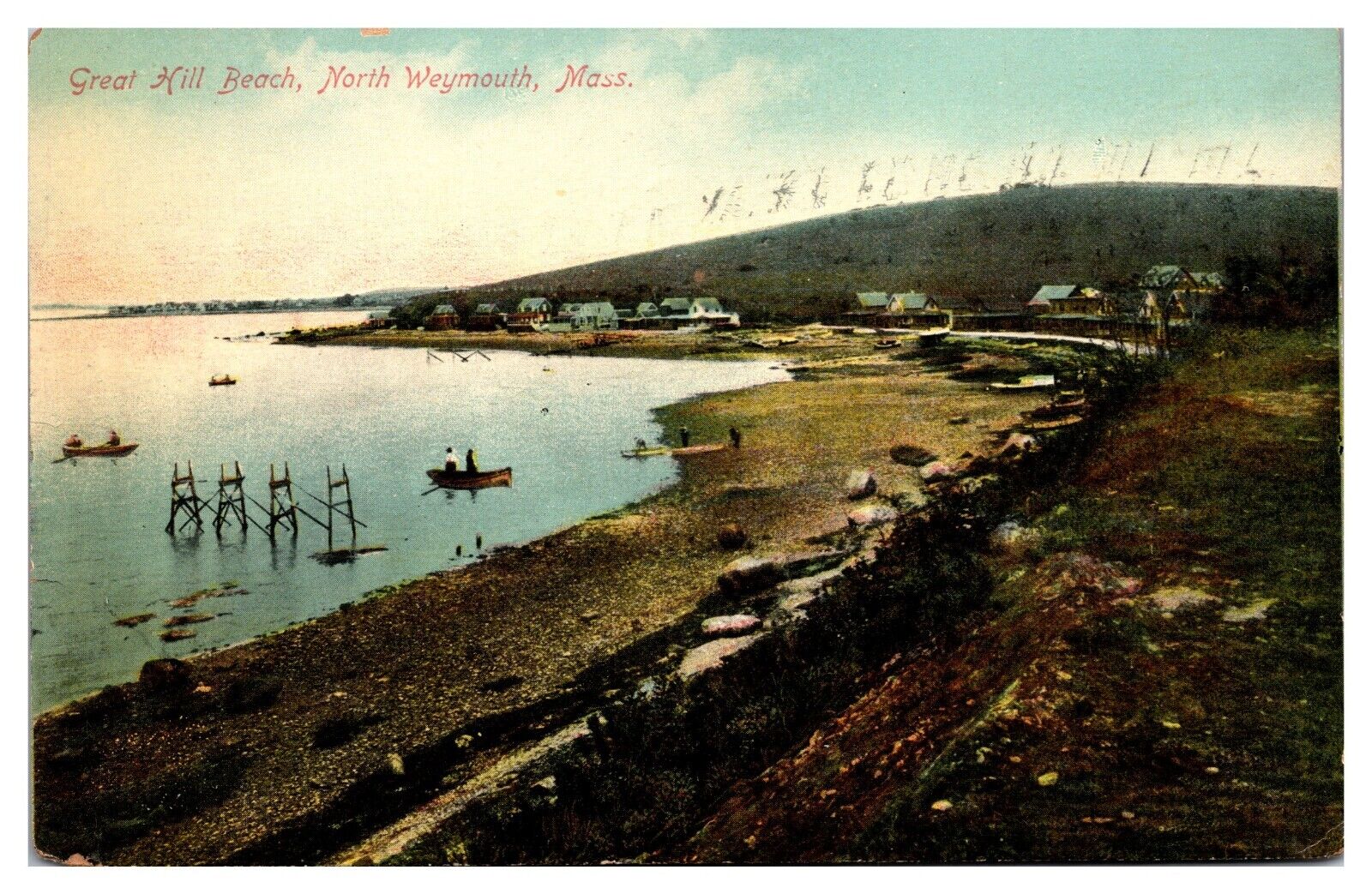 Antique Great Hill Beach, Shoreline Scene, North Weymouth, MA Postcard