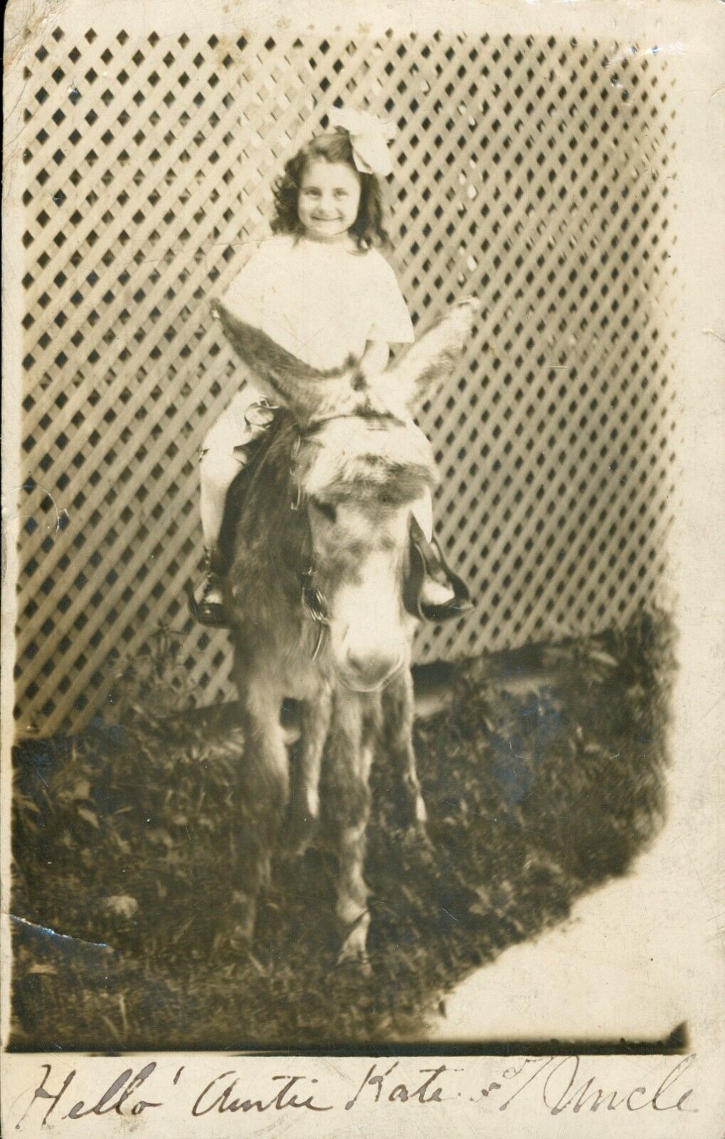 Vintage Sepia RPPC Real Photo Postcard Little Girl Riding Donkey To Aunt Uncle
