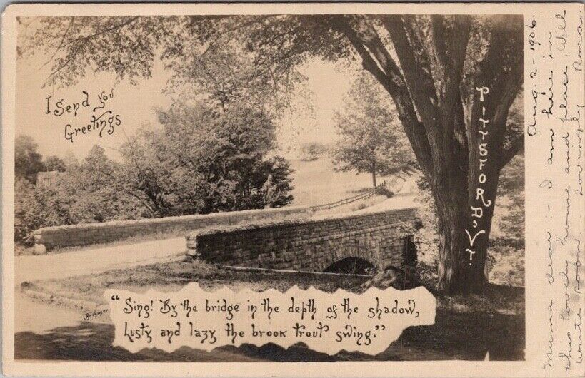 PITTSFORD, Vermont Real Photo RPPC Postcard Stone Bridge / Road View 1906 Cancel