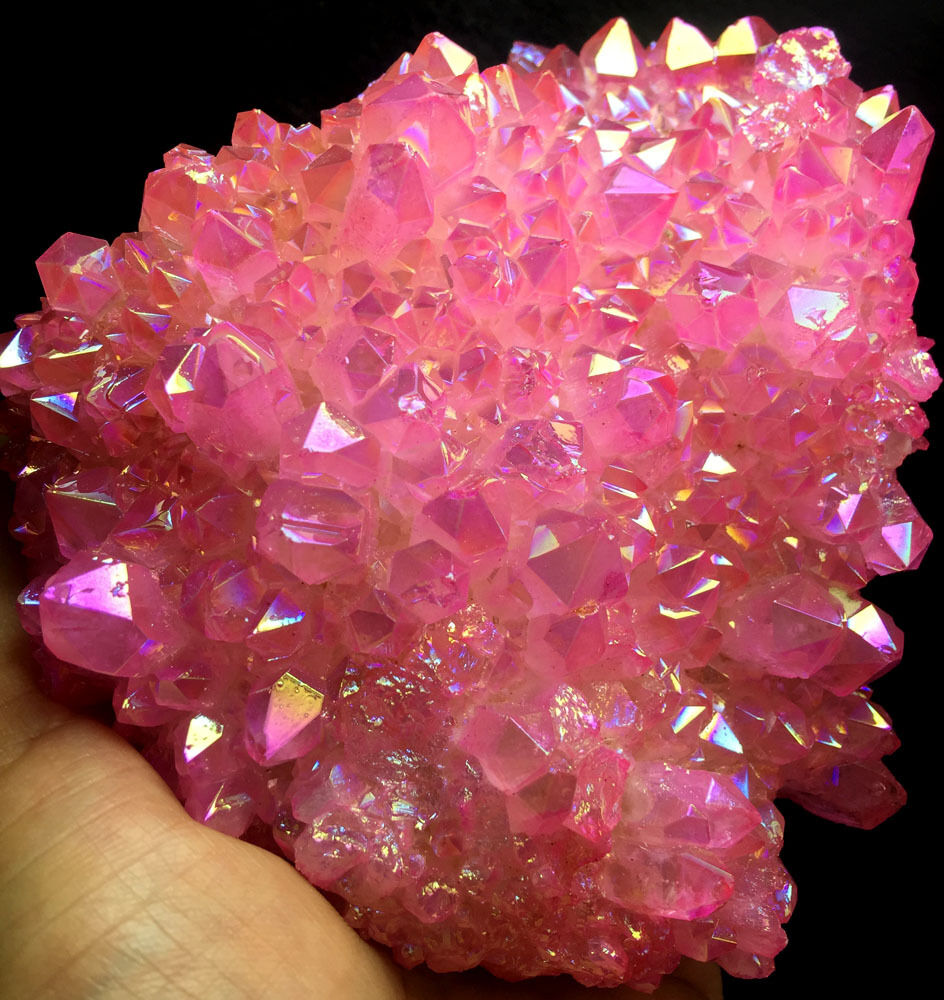 893g Pink Rose Red Flame Aura Quartz Titanium Plated Crystal Healing Cluster