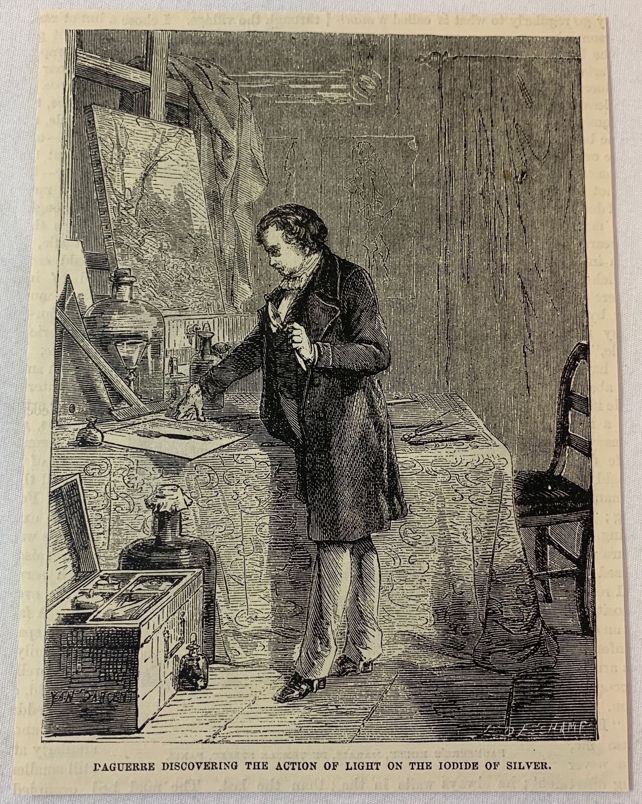 1876 magazine engraving ~ LOUIS DAGUERRE making his discovery